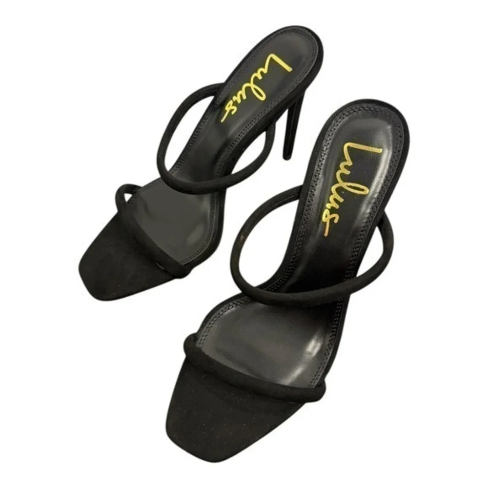 NIB‎ Lulus Theyaa Black Faux Suede Square Toe High Heel Sandals Size 8